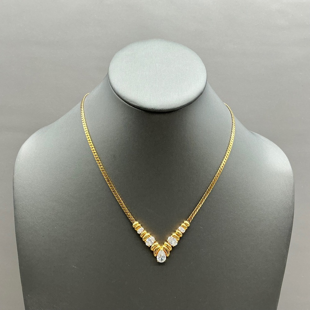 Krementz Necklace Vintage Gold Tone Herringbone Clear Rhinestone Statement 18in
